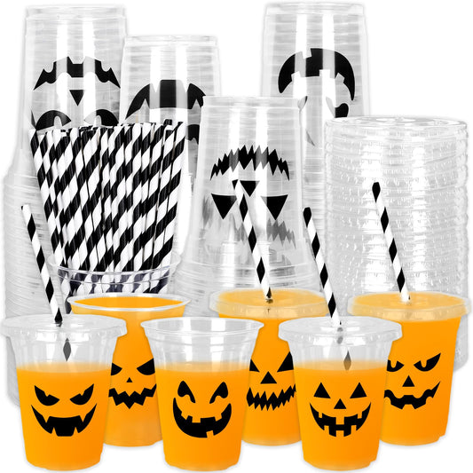 Whaline 60Pcs Halloween Disposable Plastic Cups with Lids and Straws 12oz Jack-O-Lantern Pumpkin Cold Beverage Drinking Cups for Trick or Treat Party Supplies