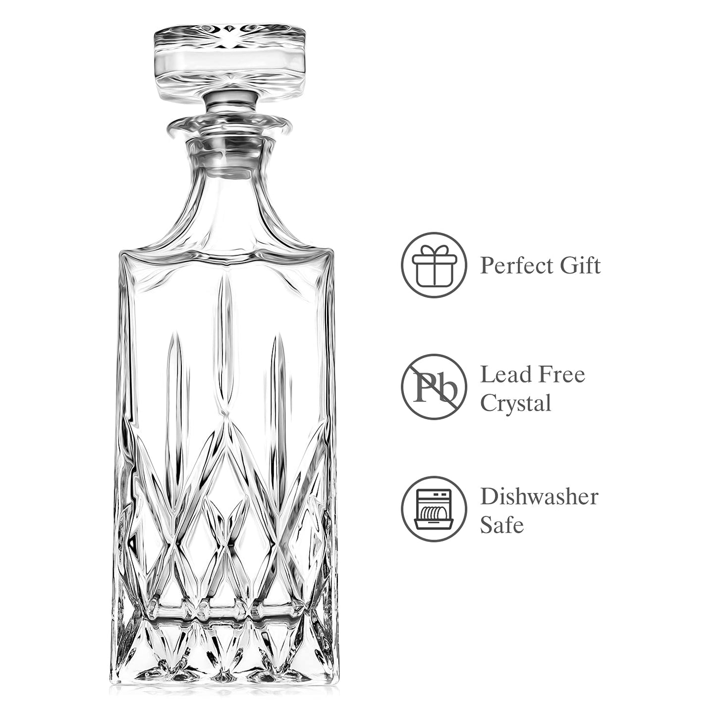 Whiskey Decanter With Glass Stopper ,25 oz Liquor Decanter For Alcohol , Wine , Scotch , Brandy or Bourbon Decanter , Lead-Free Crystal Decanter