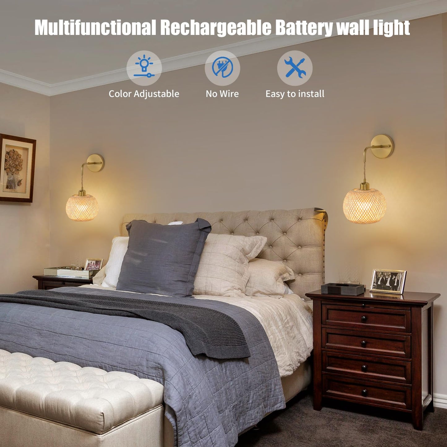 Vitnucrol Gold Battery Operated Wall Sconces Set of 2 with Remote, Rechargeable Rattan Battery Powered Wall Lights/Lamps, Wireless Boho Lighting Fixtures for Bedroom Farmhouse, 15 Colors Dimmable