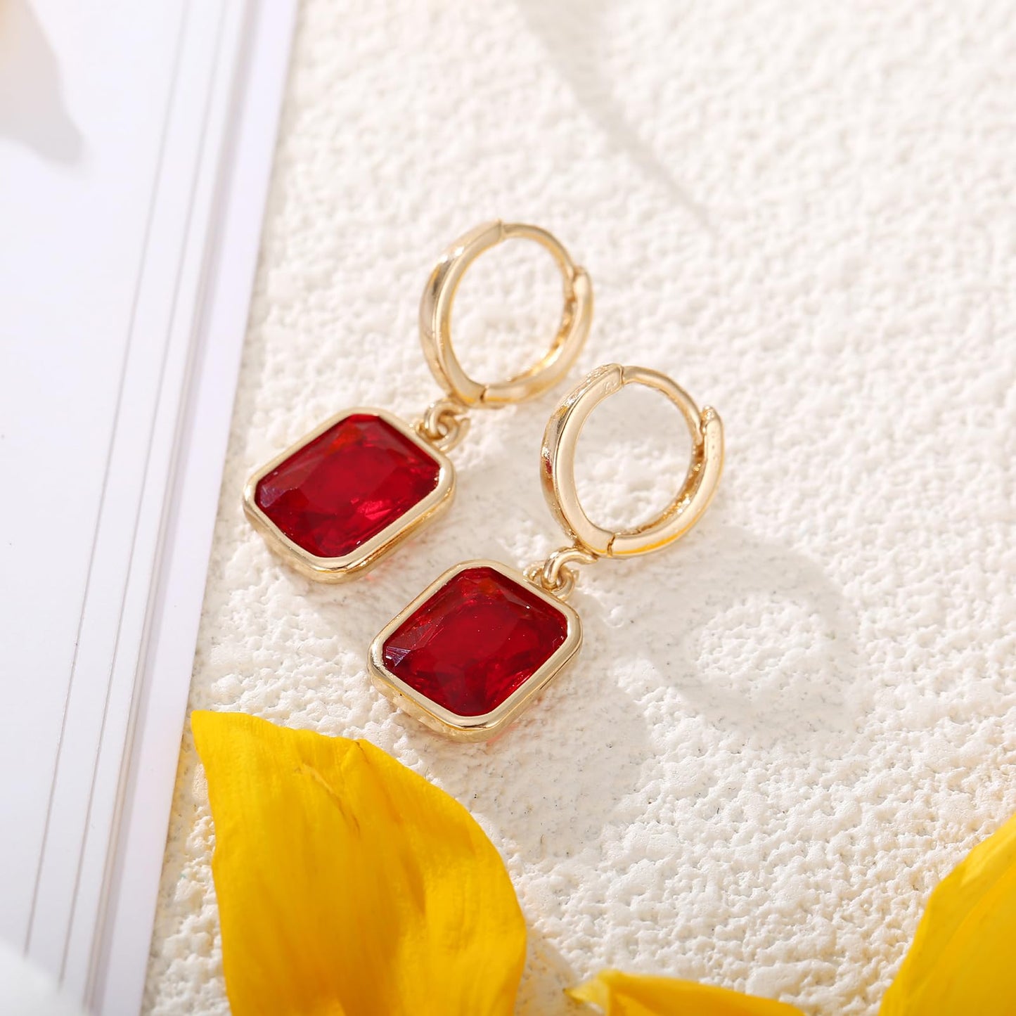 Winssigma Birthstone Crystal Hoop Earrings, Gold Small Dainty Birthstone Drop Earrings Huggie Hoop for Wedding Birthday Everyday Wear(Red)