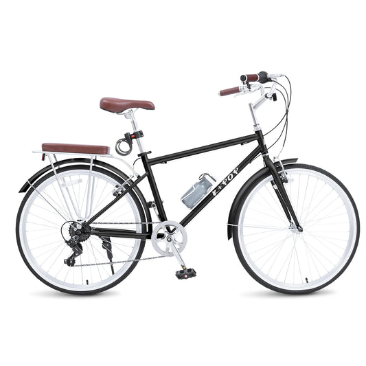 26 Inch Beach Cruiser Bike Mens Bicycle, 7-Speed Adult Bikes for Men, City Complete Cruiser Bikes with Water Cup, Adult Bicycles with Dual V-Brake (Black)