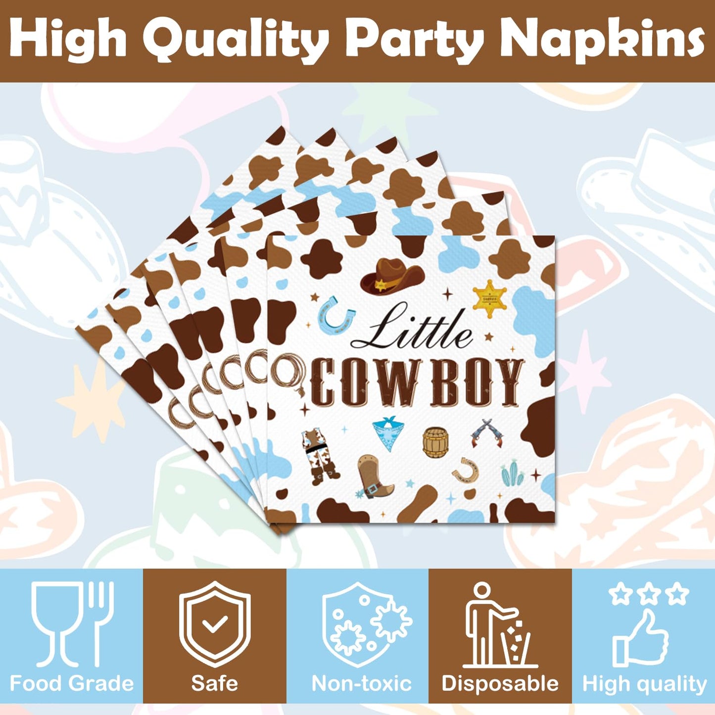 50PCS Cowboy Baby Shower Napkins - A Little Cowboy is on the Way Baby Shower Paper Napkins Western Rodeo Little Cowboy Disposable Napkins 6.5" x 6.5"