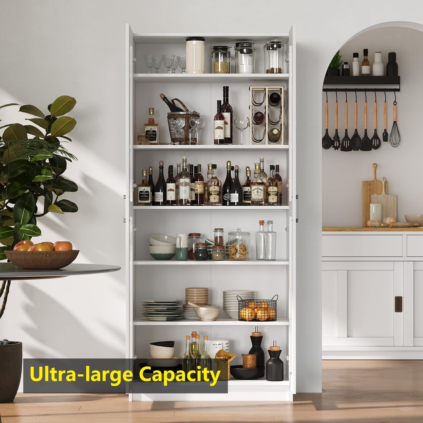 White Tall Kitchen Pantry Cabinet Organizers and Storage with Doors and Adjustable Shelves，Wood Large Gabinetes Para Cocina Office Bookshelf for Laundry Room Cabinets (31.5”W*15.7”D*71”H)