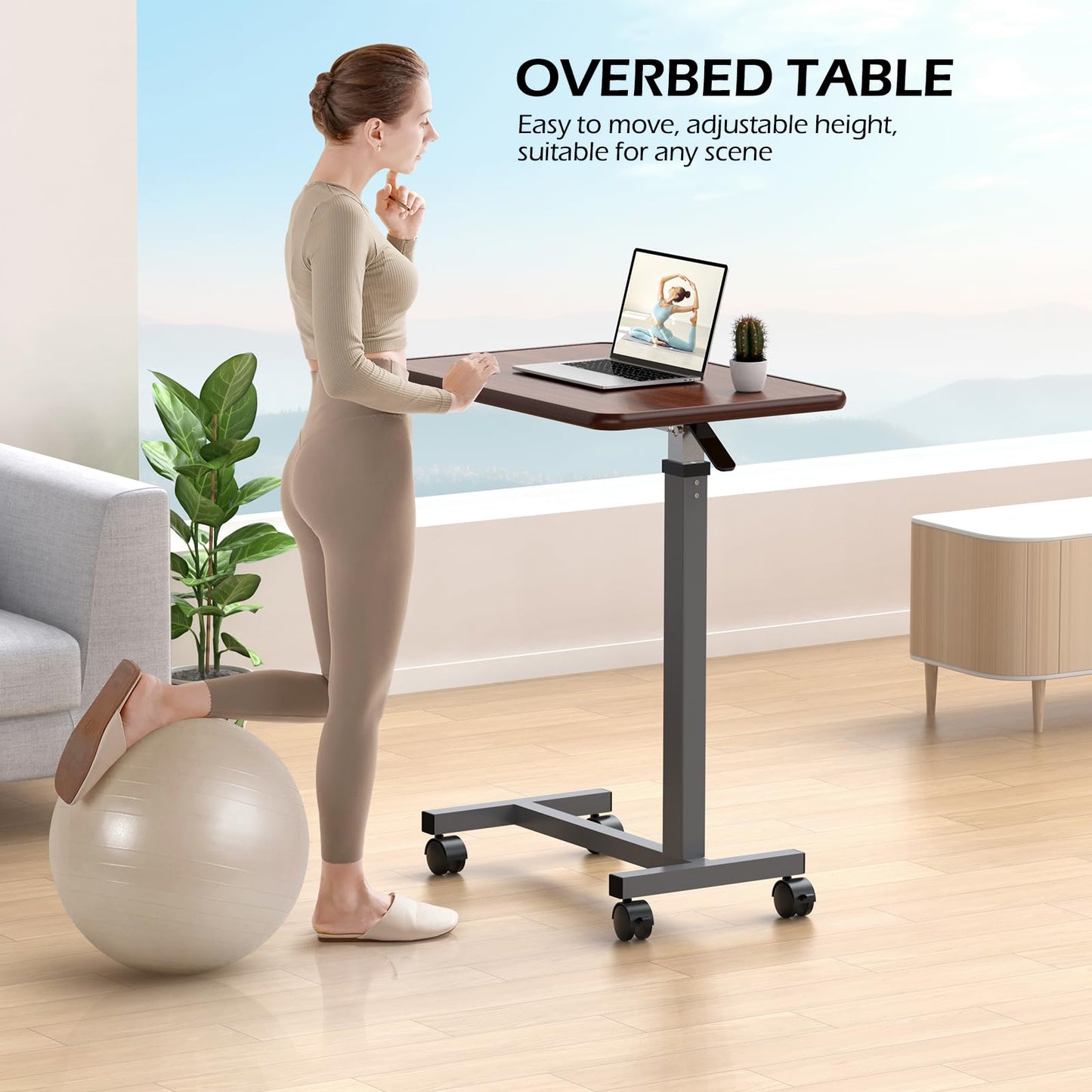 WOTURE Adjustable Overbed Table with Wheels, Bedside Rolling Table, Pneumatic Height Adjustment, Hospital Bed Table on Wheels, Standing Desk, Bedridden & Mobility Needs, Walnut