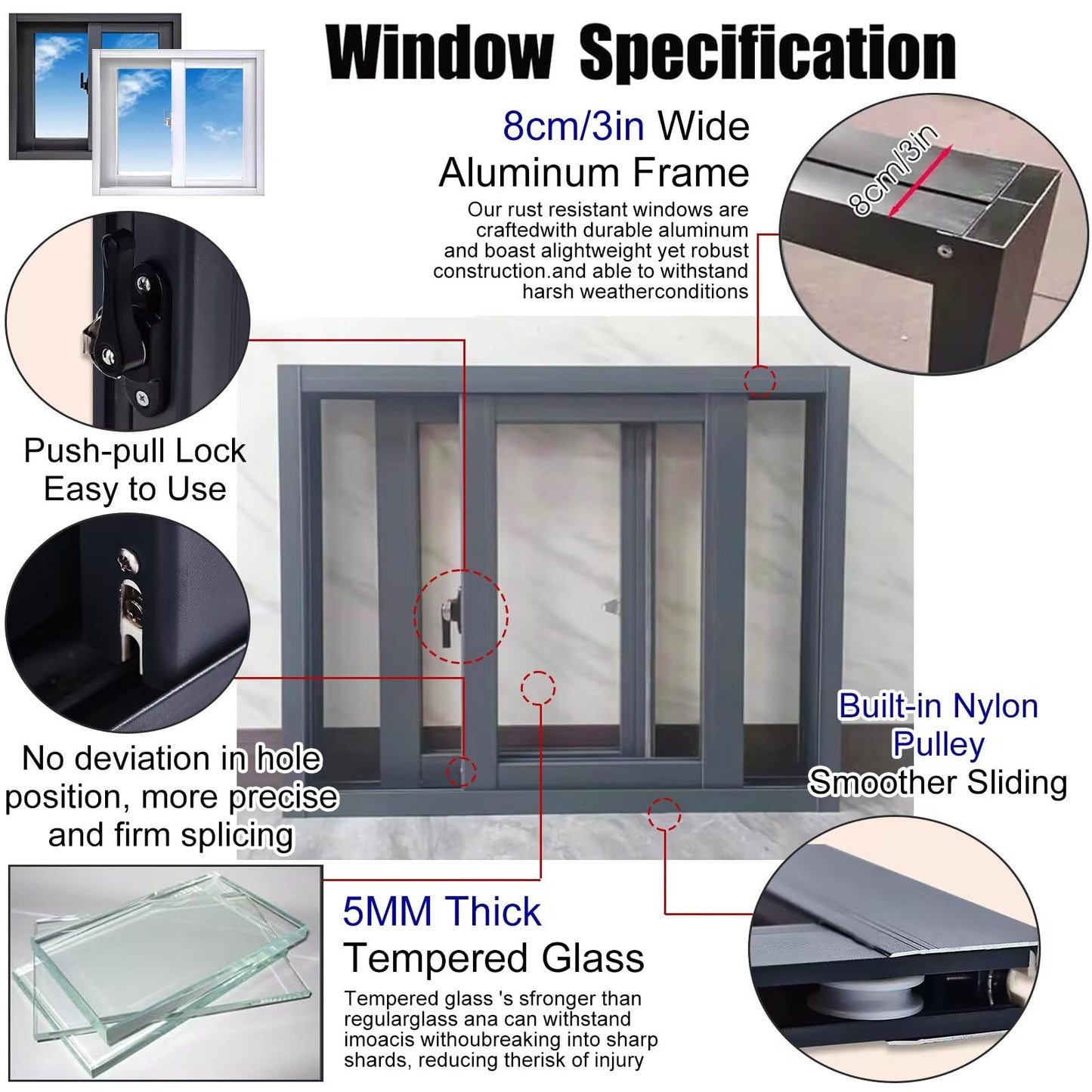 White，20x12in Shed Window Basement Replacement Windows, 51x30cm，Aluminum Sliding Window with Screen and Tempered Glass, Ventilation Windows