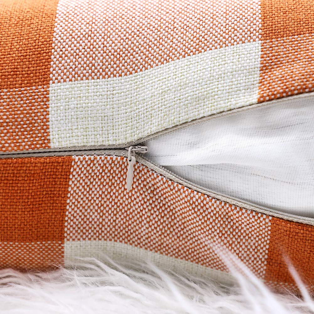 4TH Emotion Set of 2 Farmhouse Buffalo Check Plaid Throw Pillow Covers Cushion Case Polyester Linen for Fall Home Decor Orange and White, 18 x 18 Inches