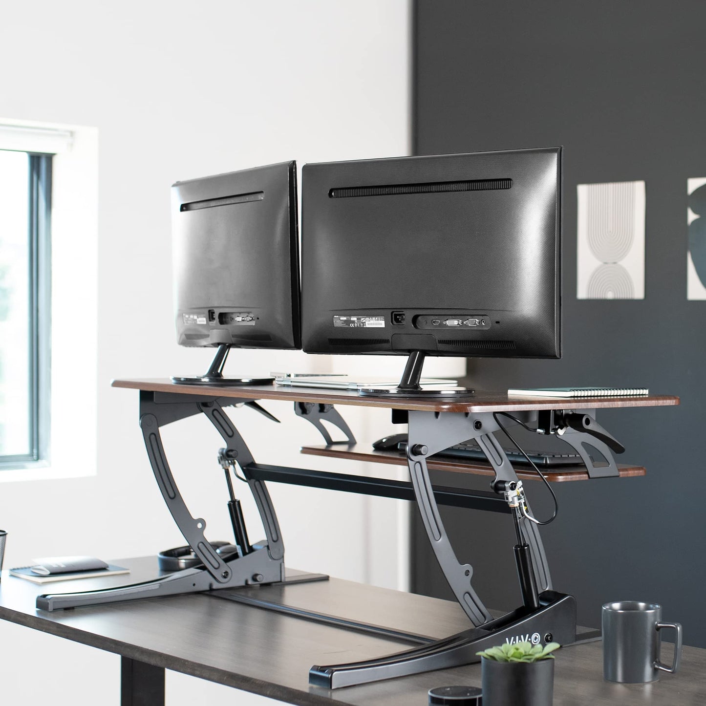 VIVO 42 inch Height Adjustable Stand Up Desk Converter, V Series, Quick Sit to Stand Tabletop Dual Monitor Riser Workstation, Dark Walnut Top, Black Frame, DESK-V000VLD