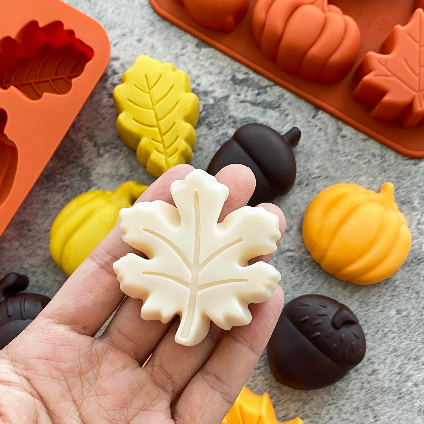 3D Pumpkin Silicone Mold 2PCS Fall Silicone Mold Thanksgiving Candy Mold Autumn Maple Leaf Acorn shape Chocolate Mold Soap Candy Cake Pan Baking Molds for Cake Cupcake Decoration (Orange)