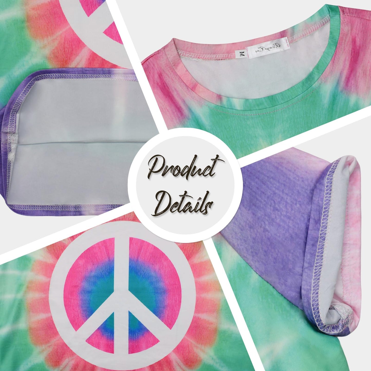 XonyiCos Hippie Costume for Women 60s and 70s colorful T-shirt and headband 2-piece theme party (Peace White Green Blue, X-Large)