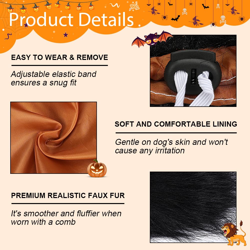 Vivifying Lion Mane (Black) for Medium & Large Dogs - Adjustable Pet Costume with Faux Fur, 13.77in x 14.5in, Up to 27.55in Neck Girth, Halloween Dog Accessory
