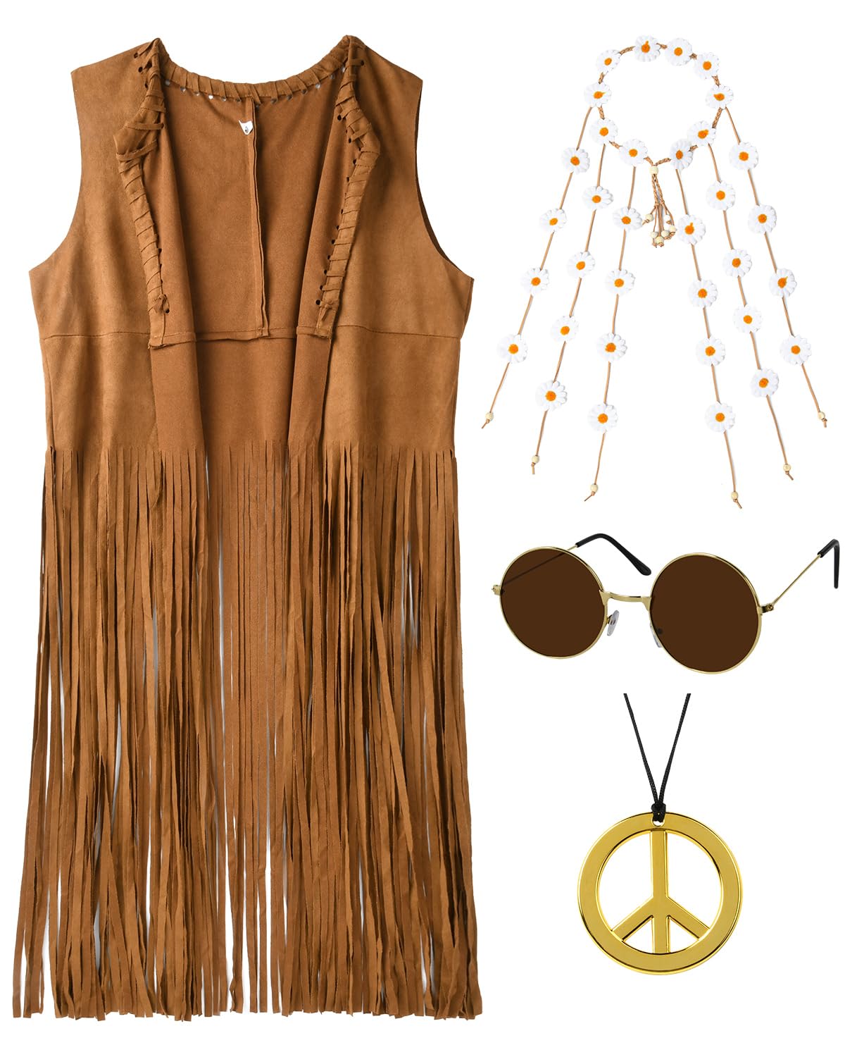 60s 70s Outfits Hippie Clothes for Women Disco Suede Fringe Vest Western Shirts Accessories Woman Cowgirl 1970 Style Decades Day Boho Costume Tops Flower Crowns (M)
