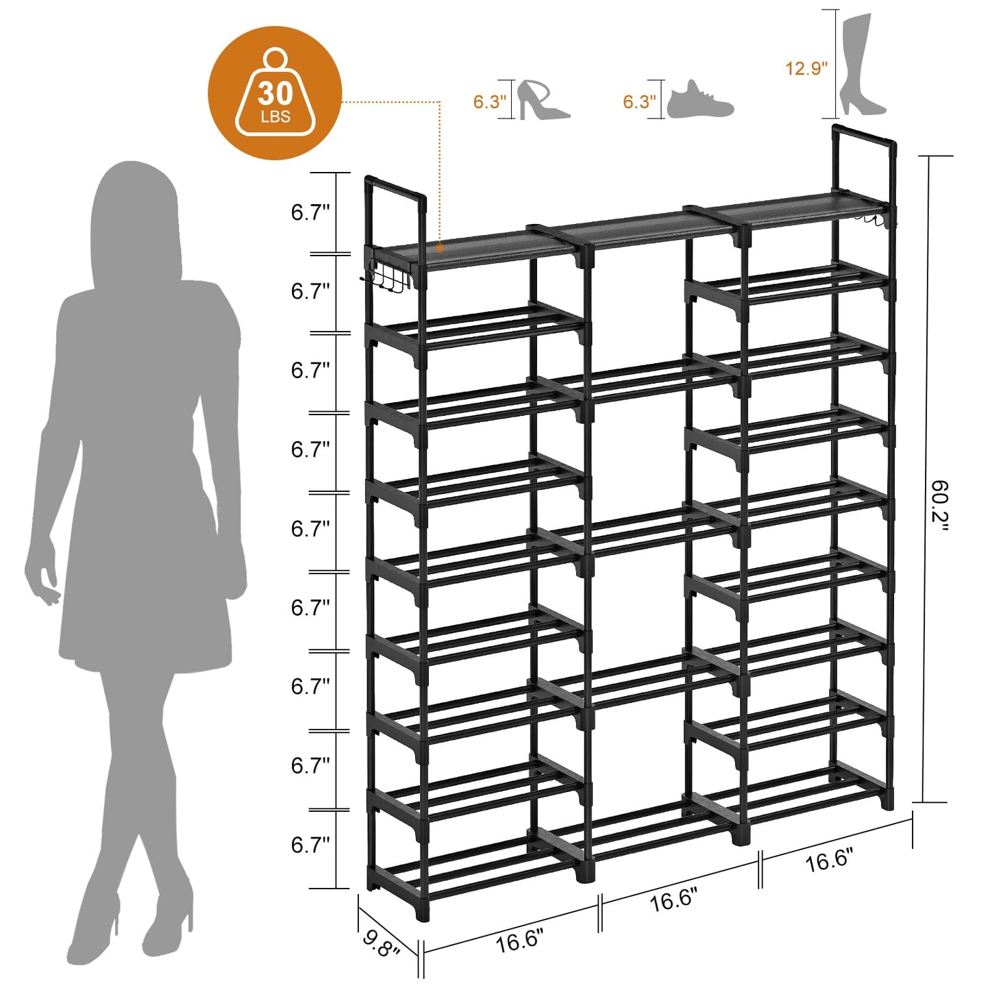 WOWLIVE 9 Tiers Large Shoe Rack Storage Organizer for Closet 50-55 Pairs Shoe Tower Unit Shelf Stackable Shoe Rack with Metal Pipes Plastic Connectors Black(SSS3B9)