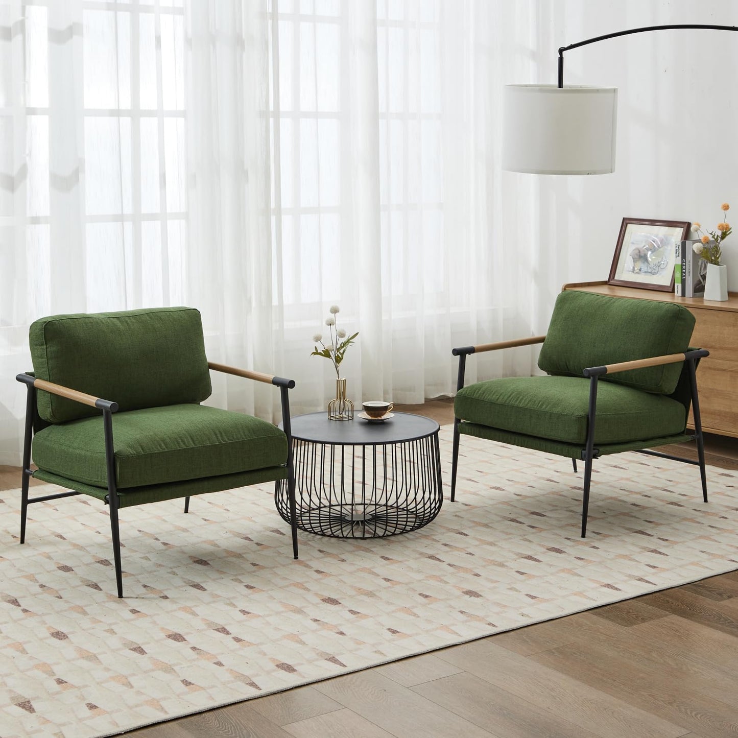 Ya-Home Mid-Century Accent Chair, Soft Armchair Linen Fabric Lounge Chair with Black Metal Legs, Upholstered Leisure Chair for Living Room Reception Room, 1PC, Green