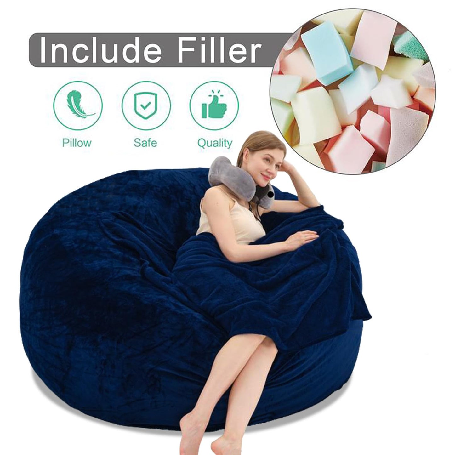 6FT Oversized Bean Bag，Bean Bag Chair with Filler Included，Foam Chairs for Adults，Memory Foam Bean Bag，Washable Soft Flannel, Suitable for Reading Leisure Chairs in Living Room.(Blue, 6FT)