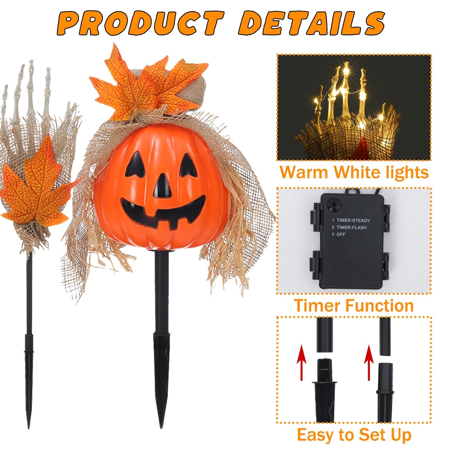 SUNNYPARK 3 Pcs Halloween Pathway Lights - Outdoor, 30 LEDs Pumpkin and Arms Stake Lights for Yard, Lawn, Garden, Patio Decorations