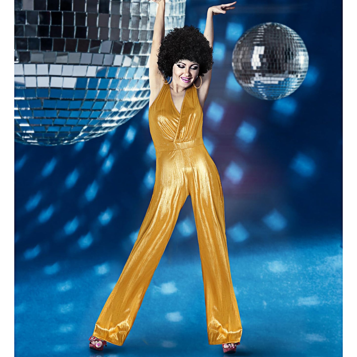 Yahenda 3Pcs Women Disco Doll Costume 70'S Gold Jumpsuit Outfit with Short Curly Wigs, Large Hoop Earrings for Halloween (Large)