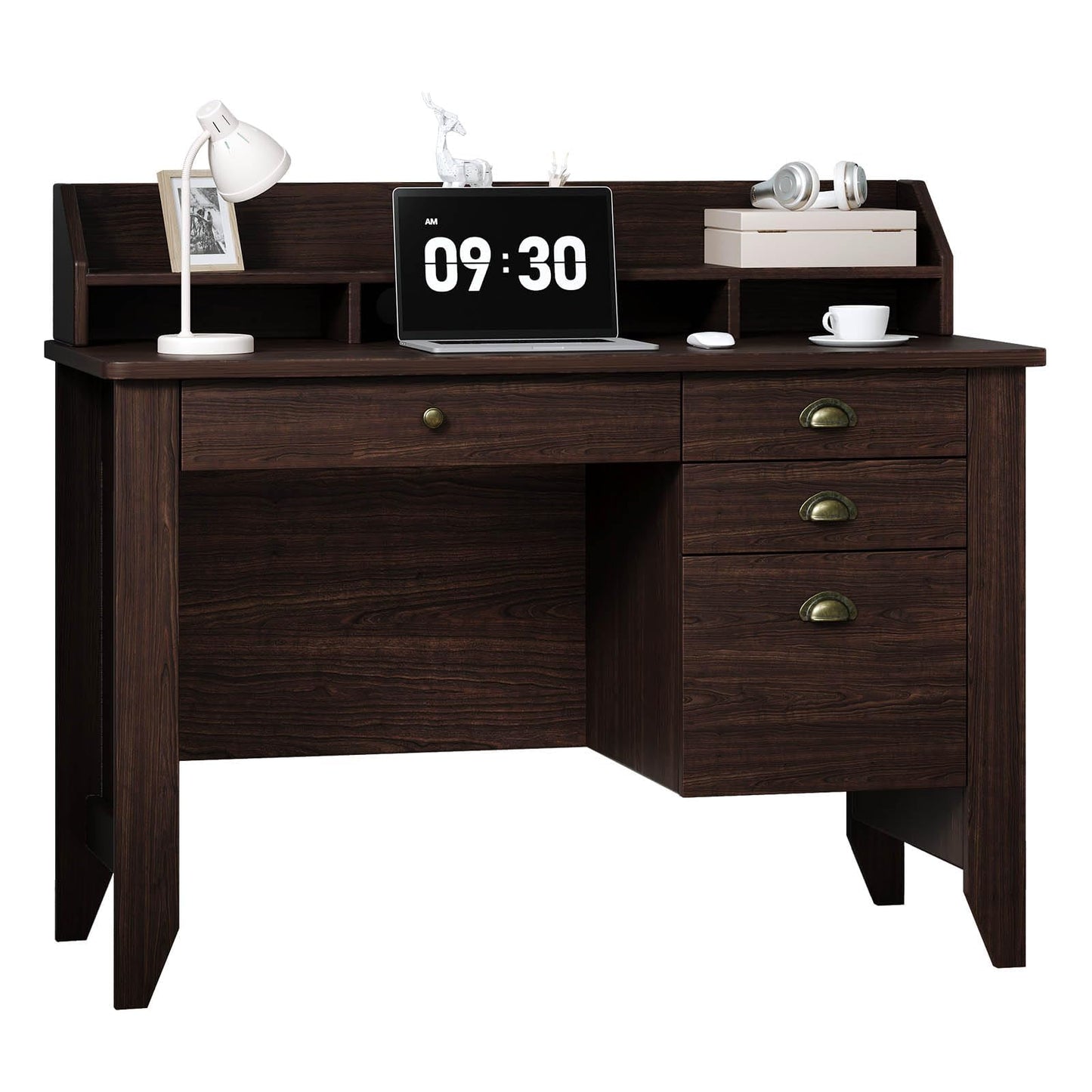 4 EVER WINNER Small Desk with Drawers, Wood Desk with Monitor Stand, Computer Desks with File Drawer, Small Spaces, Espresso