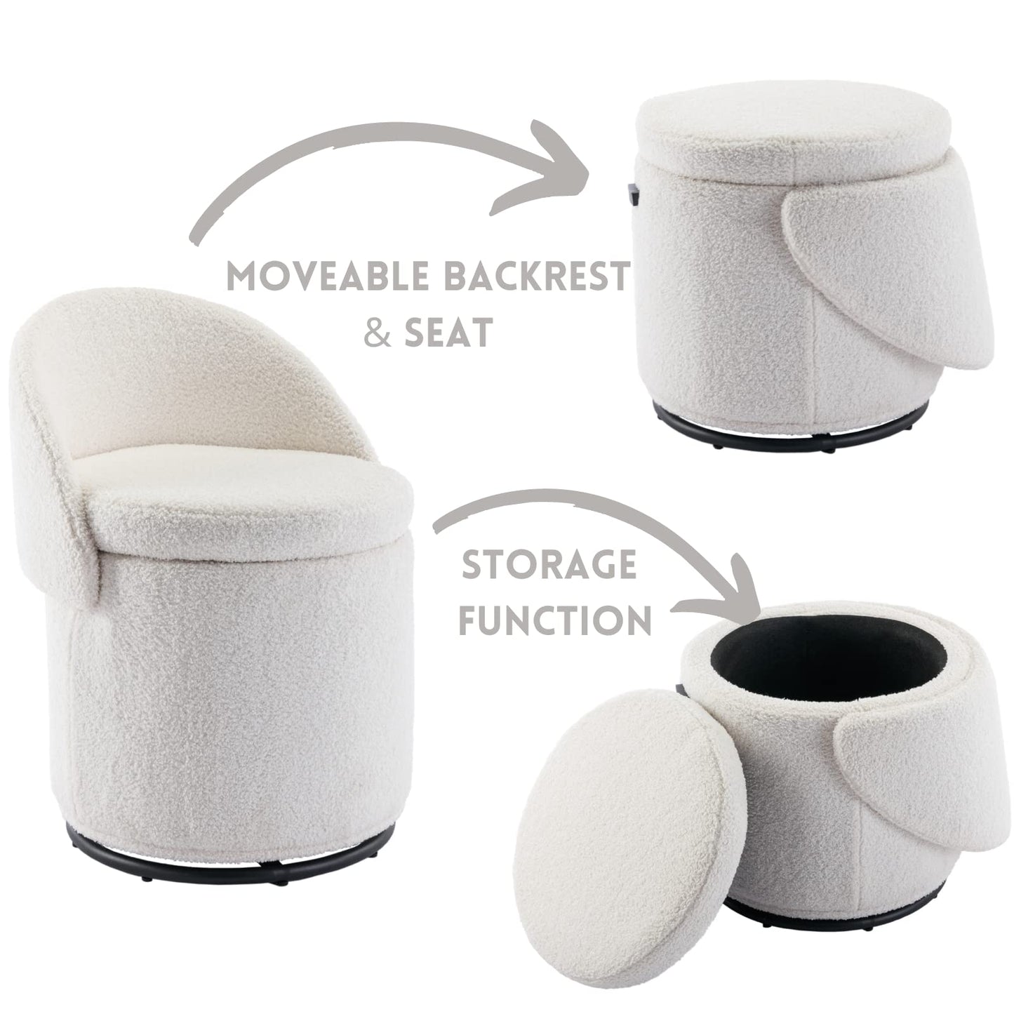 Ya-Home Modern Swivel Ottoman Vanity Chair, Sherpa Upholstered Barrel Chair Club Chair 360°Degree Swivel Side Chair with Storage, Comfy Makeup Stool for Bedroom Living Room, White