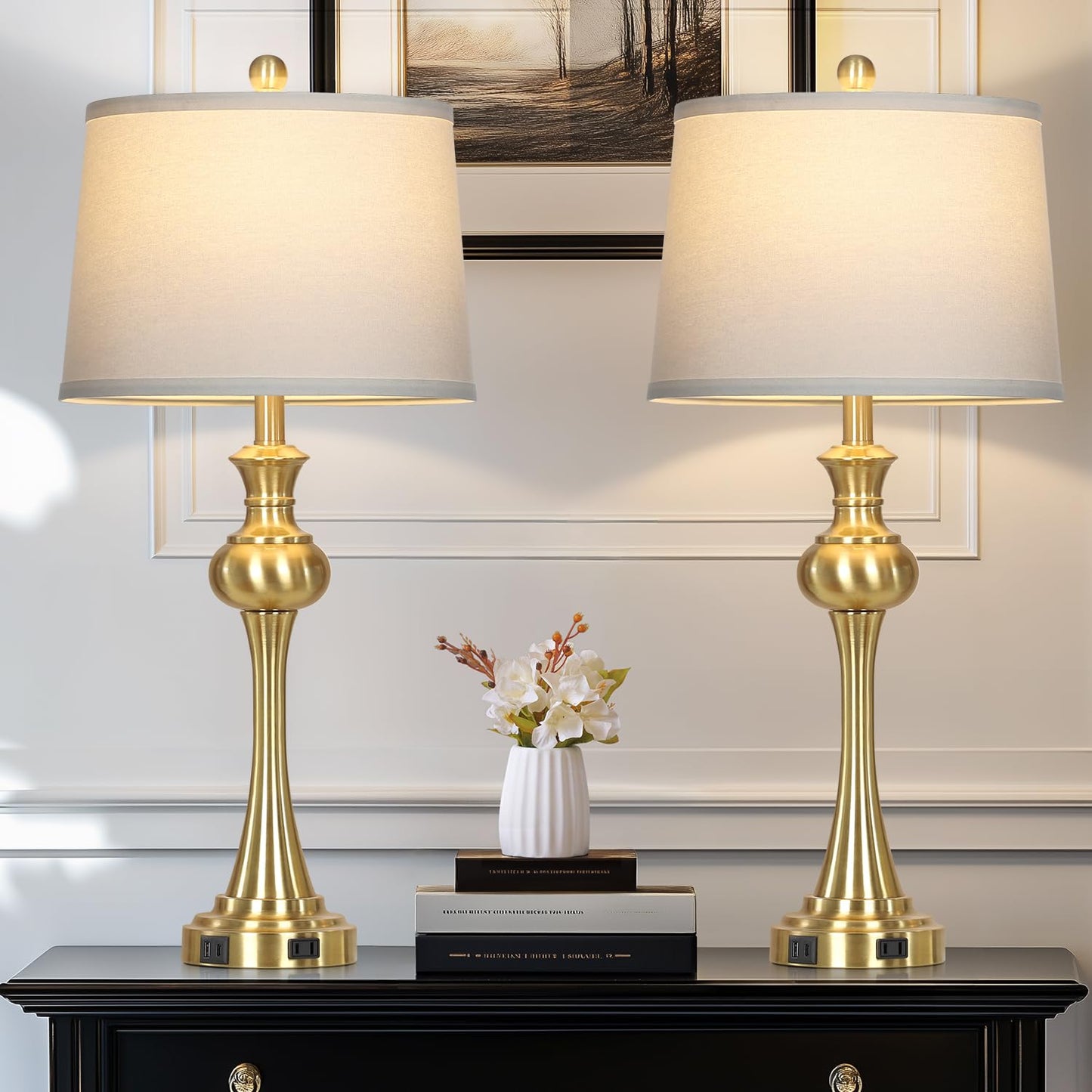 28.75" Gold Table Lamps for Living Room,Touch Lamps for Bedrooms Set of 2 - Nightstand Table Lamp with USB C+A, 3 Way Dimmable Bedside Lamps End Tables, Antique Brass