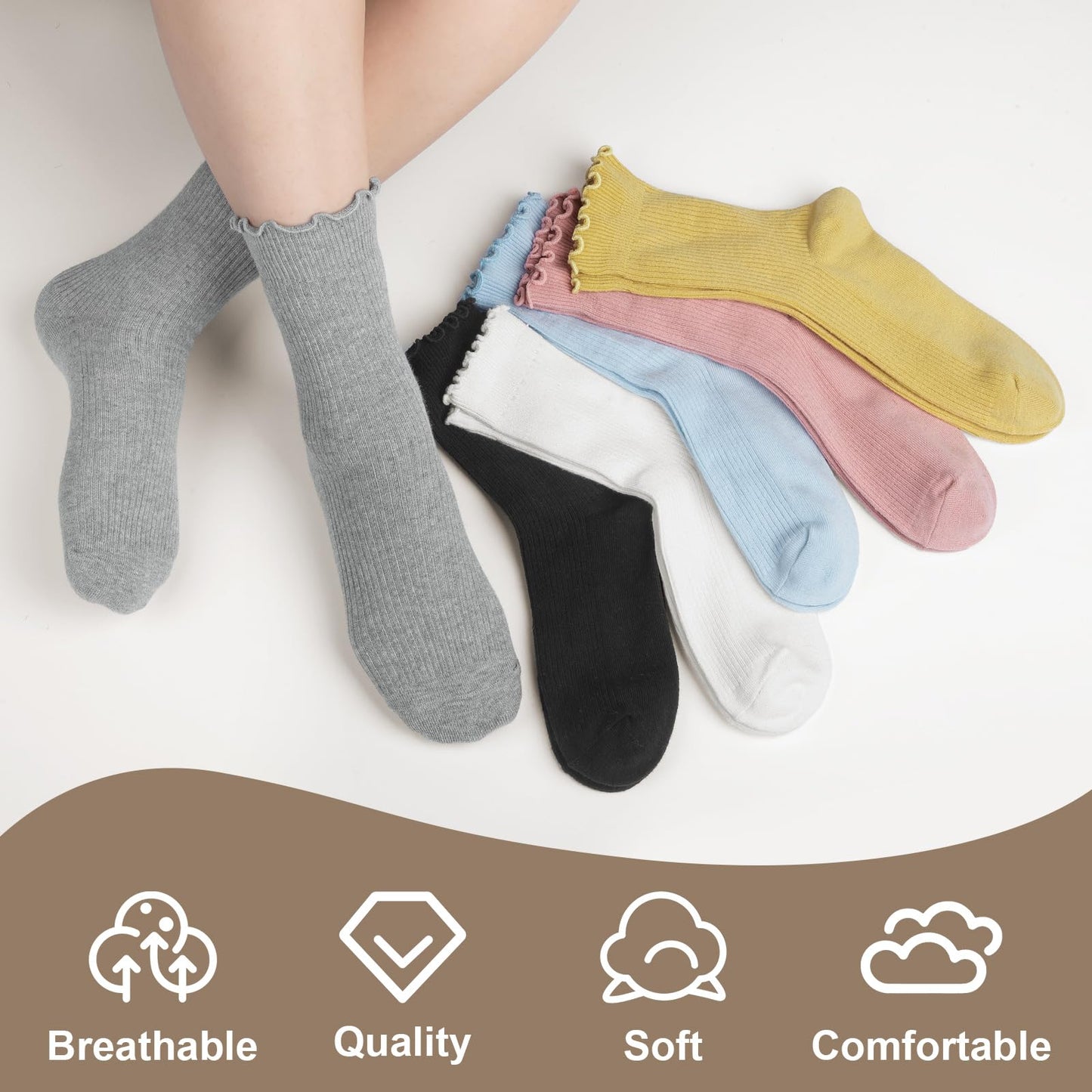 6 Pairs Cute Ruffle Socks Women, Womens Crew Frilly Turn-Cuff Dress Soft Breathable Novelty Colorful Girls Ankle Socks 5-10