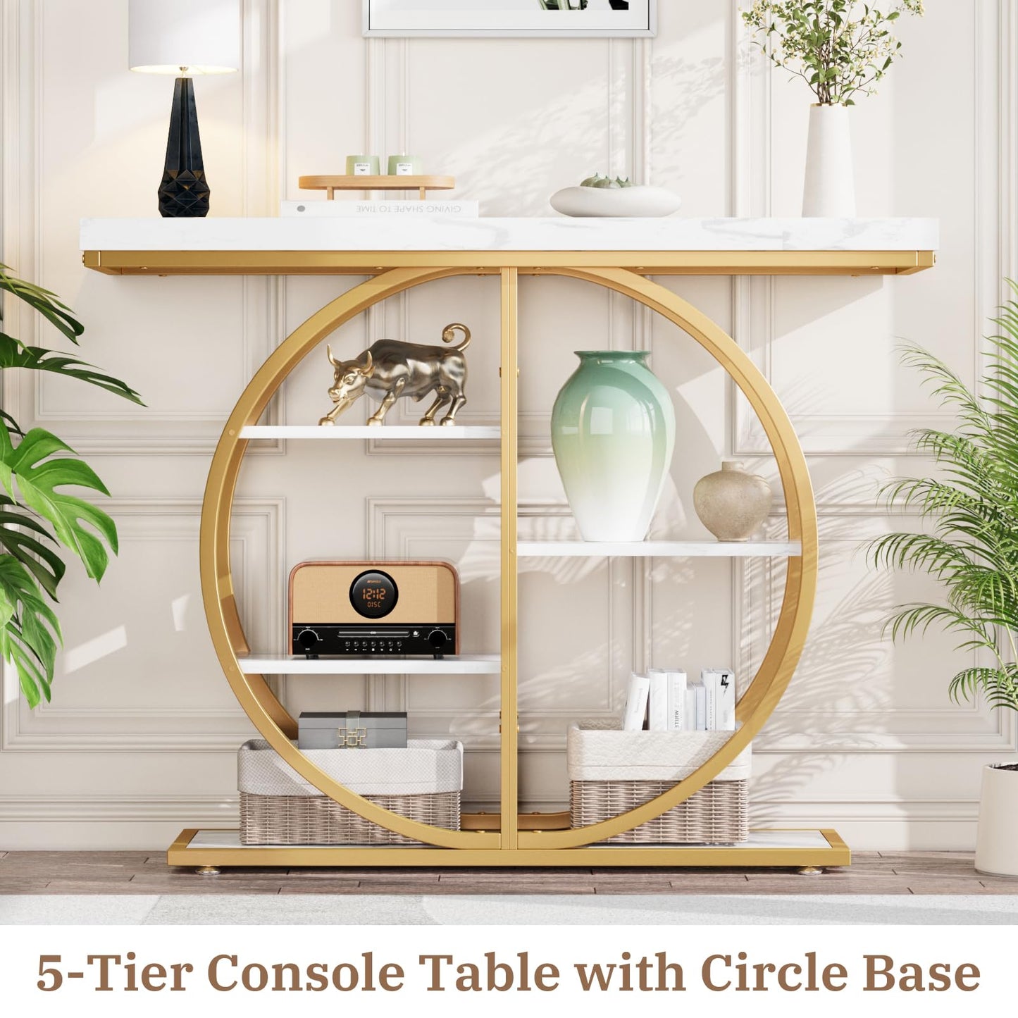 41.3" Console Table for Entryway, Industrial Hallway Sofa Table with Storage Shelves, Narrow Accent Decor Living Room Furniture with Circle Base for Foyer, Entrance, White Gold