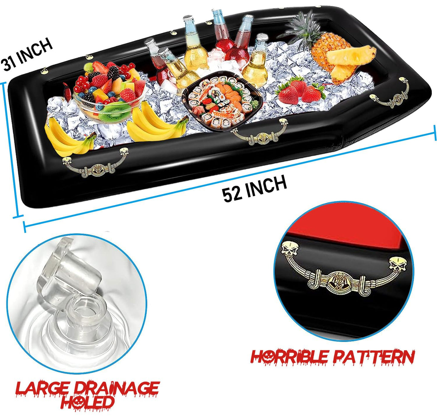 52Inch Inflatable Coffin Cooler Coffin Pool Float Inflatable Ice Chest Buffet Cooler Drink Beverage for Halloween Party Spooky Decor Cooler Pool Party Picnic Barbecue (Coffin Cooler)