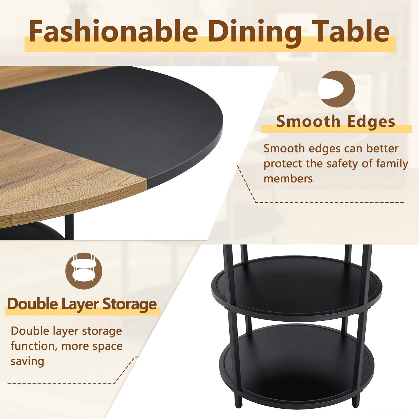 Vohuai Round Dining Table Set for 4,47.3''Wood Dining Room Table Set with 4 Upholstered Chairs,Round Color Blocked Tabletop with 2-Layer Storage Shelf,5 Piece Dinner Table Set for Kitchen Dining Room