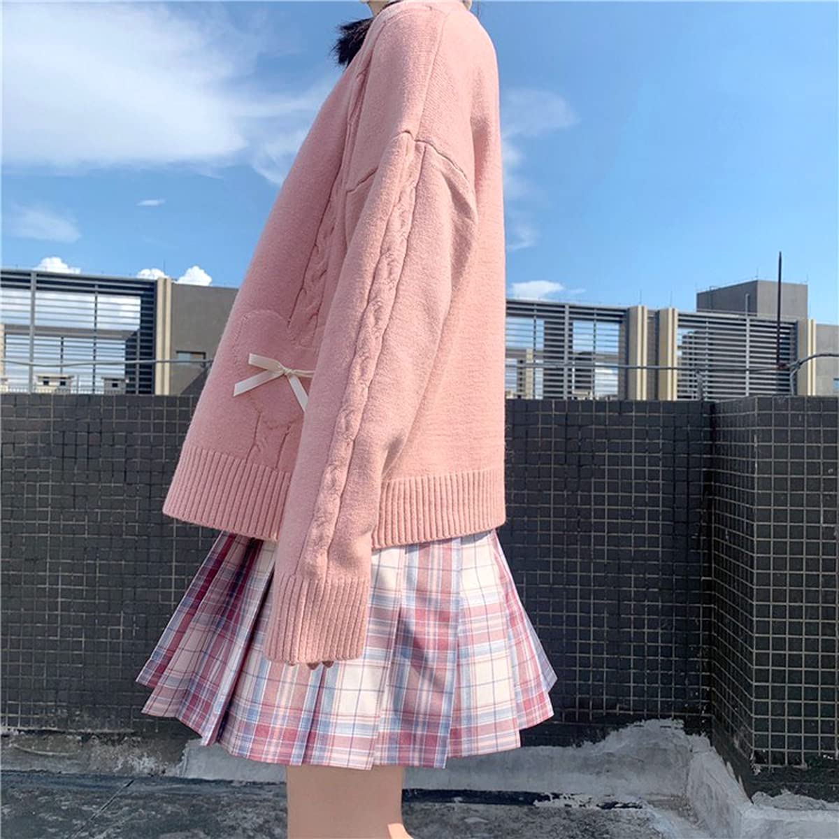 Women Kawaii Sweater Cardigan with Cute Bowknot and Heart Pink Small