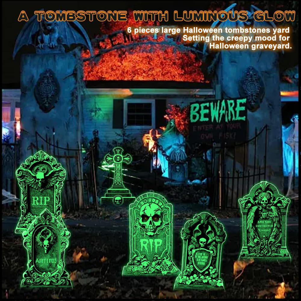 2025new Halloween Tombstone Decorations Outdoor - Set of 6 Glow in The Dark Spooky Graveyard Signs, Haunted House Party & Front Yard Decor, Durable Night-Activated Yard Decor