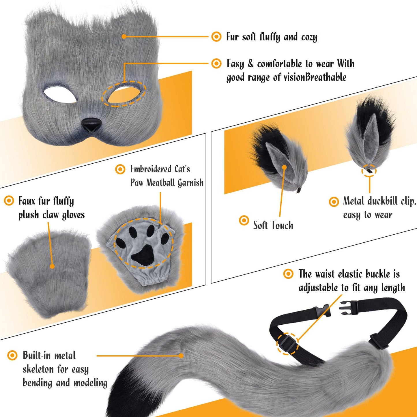 XonyiCos Cat Therian Mask and Tail Set for Women - Furry Fox and Wolf Mask for Halloween Masquerade