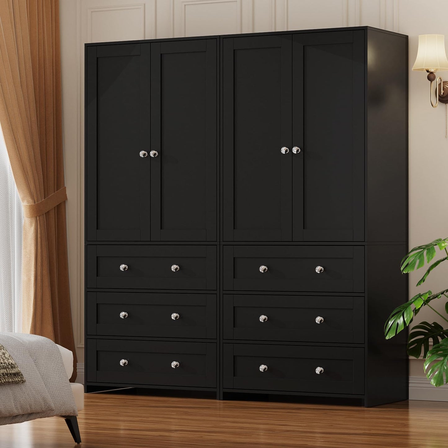 VOWNER Armoire Wardrobe Closet with Drawers and Mirror, 71" Clothing Storage Cabinet with Hanging Rod, 2 Doors Wooden Wardrobe Cabinet for Bedroom, Large Capacity Storage,Black