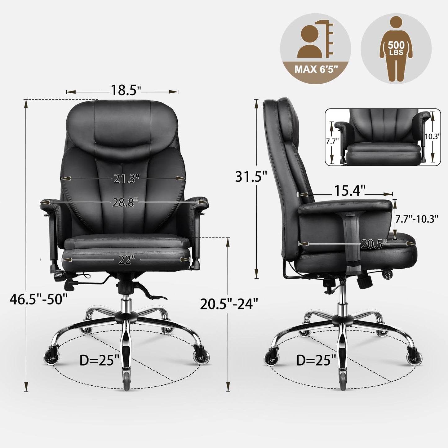 500 lbs Big and Tall Office Chair for Heavy People, Heavy Duty Ergonomic Executive Chair with Adjustable Lumbar Support and Wide Seat