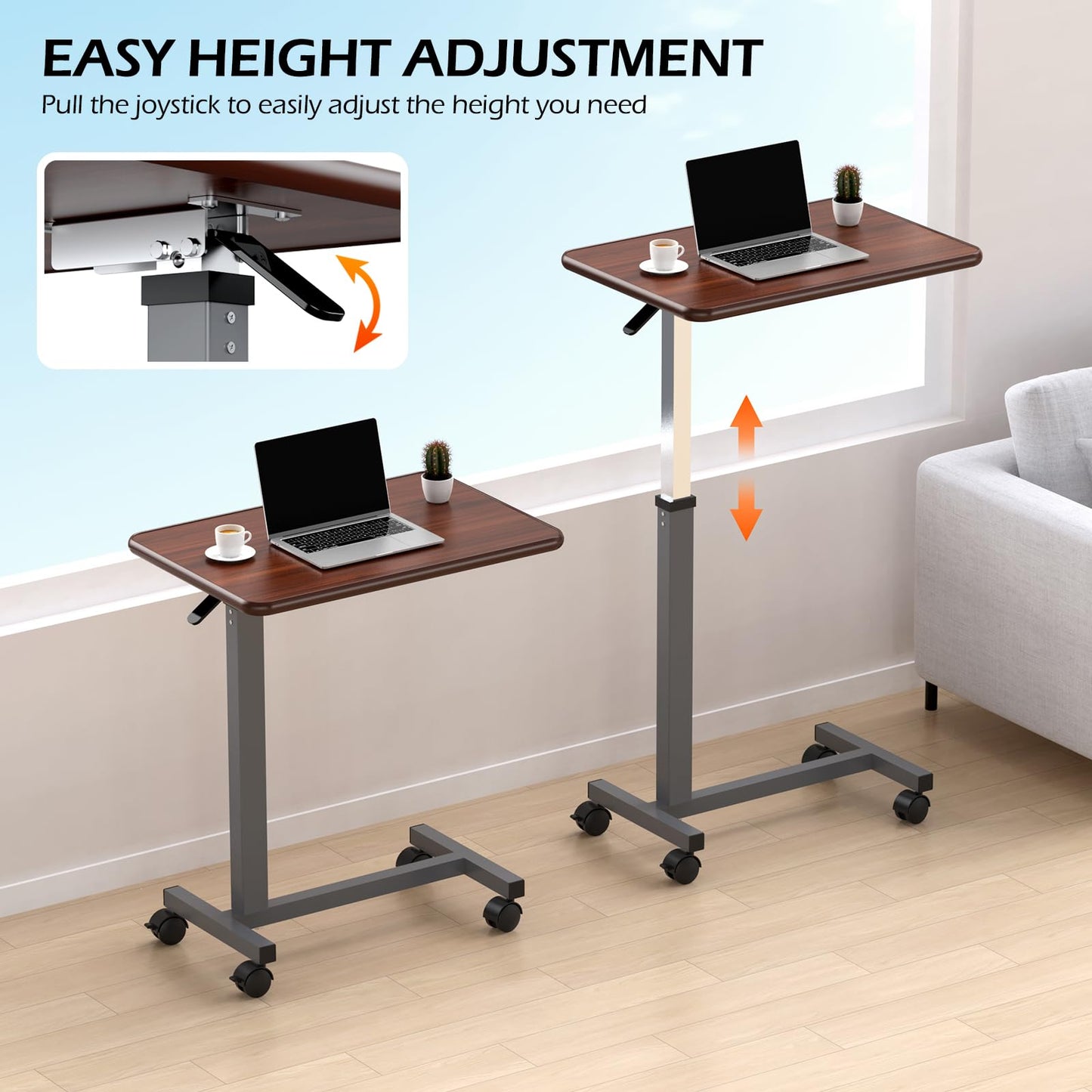 WOTURE Adjustable Overbed Table with Wheels, Bedside Rolling Table, Pneumatic Height Adjustment, Hospital Bed Table on Wheels, Standing Desk, Bedridden & Mobility Needs, Walnut