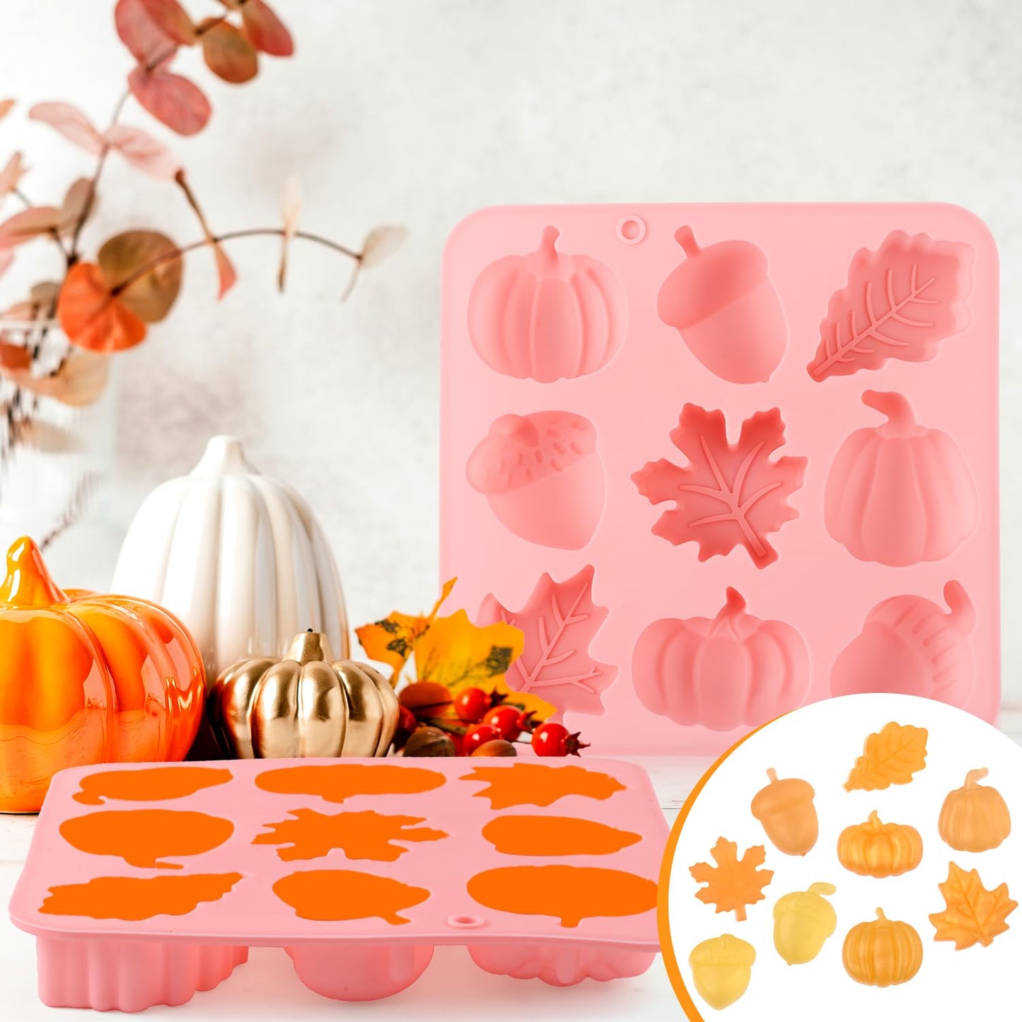2pcs Halloween Silicone Molds, 3D Halloween Thanksgiving Candy Molds Fall Maple Leaf Pumpkin Molds for Baking Making Chocolate Dessert Gummy Jelly Cupcake Topper Decoration