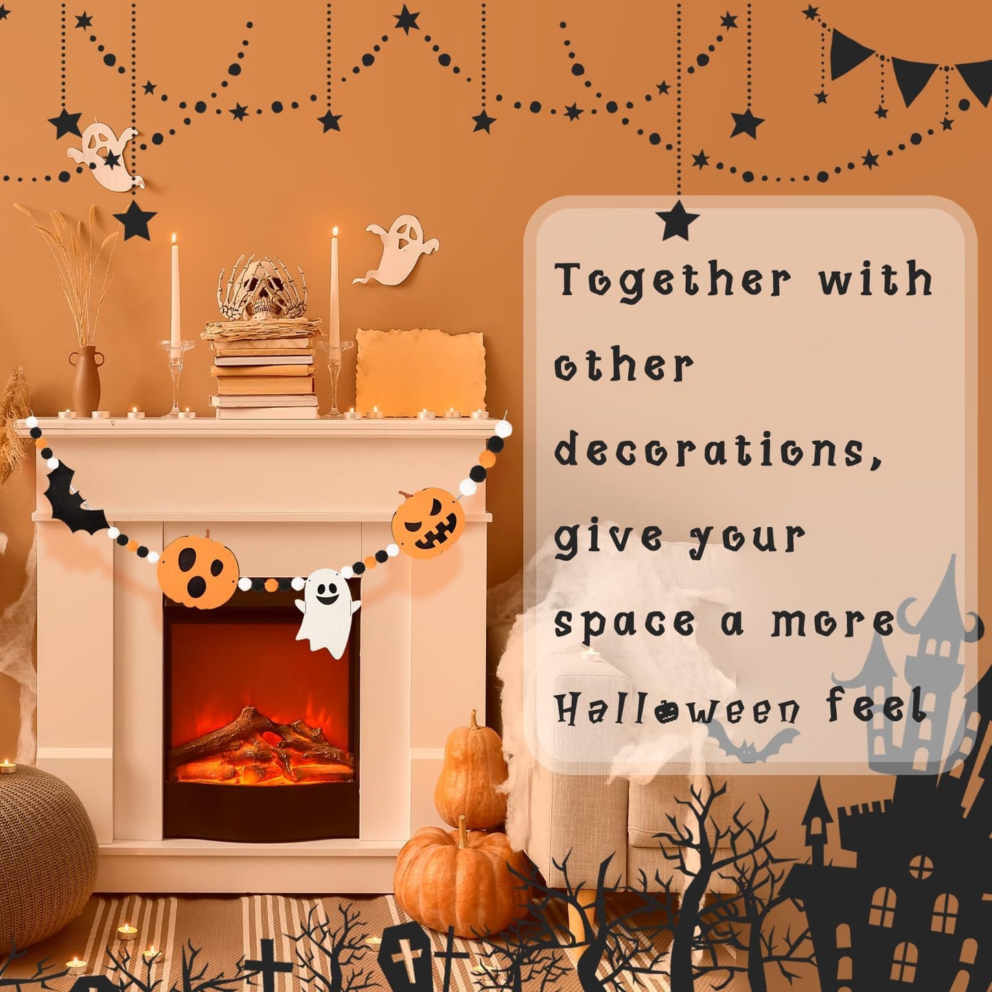 24.6Ft Felt Banner - Cute Pumpkin Ghosts Expressions Bat Pom Pom Garlands - Halloween Party Decorations - Indoor/Outdoor Hanging Decor