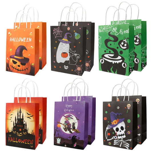 12 PCS Halloween Bags with Handles, 6 Styles Halloween Paper Bags for Gift Candy Goodie Snacks Treat Cookie Wrap Party Favors Supplies Decorations Trick or Treat Horror theme Birthday Baggies Pouch