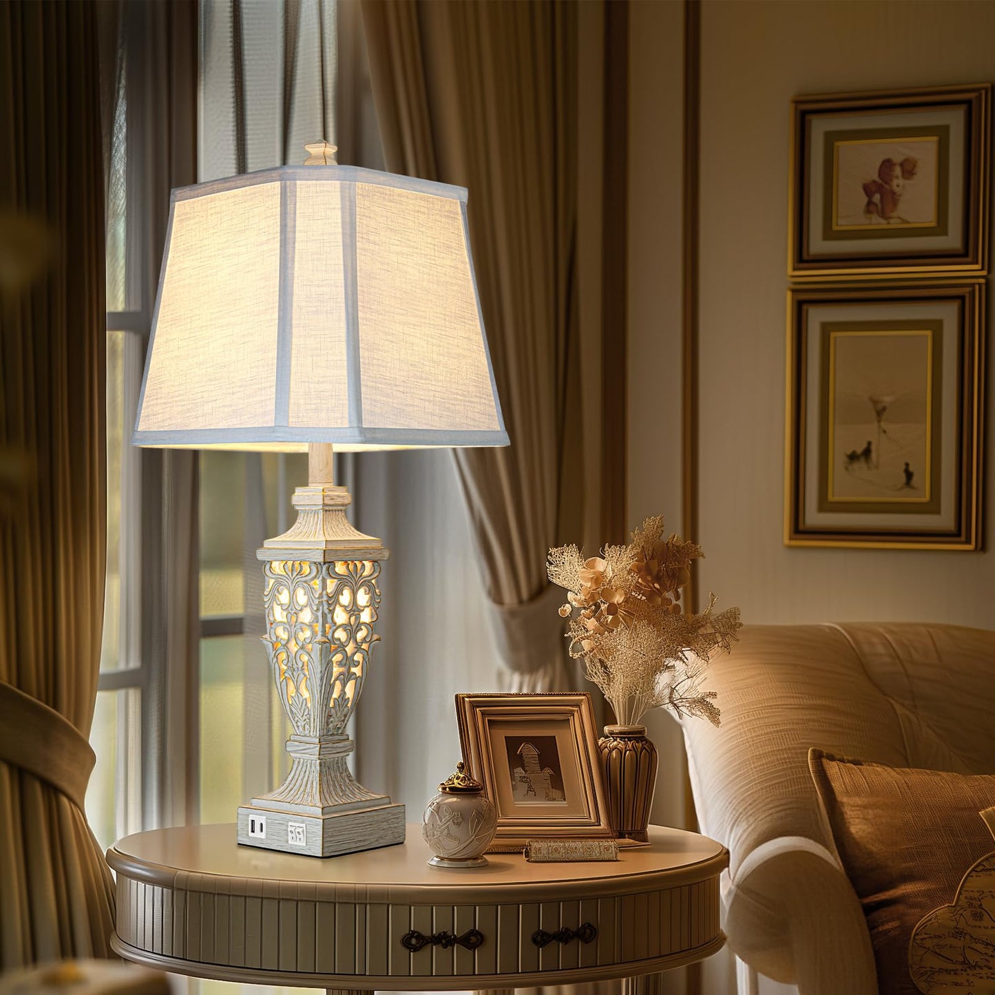 28.5" Lamps for Living Room - Table Lamps Set of 2 with Night Light,Bedside Lamp with White Linen Cut Corner Shade - for Bedroom Room and Nightstand with USB A+C Ports- for Office Hotel(Bulb Included)