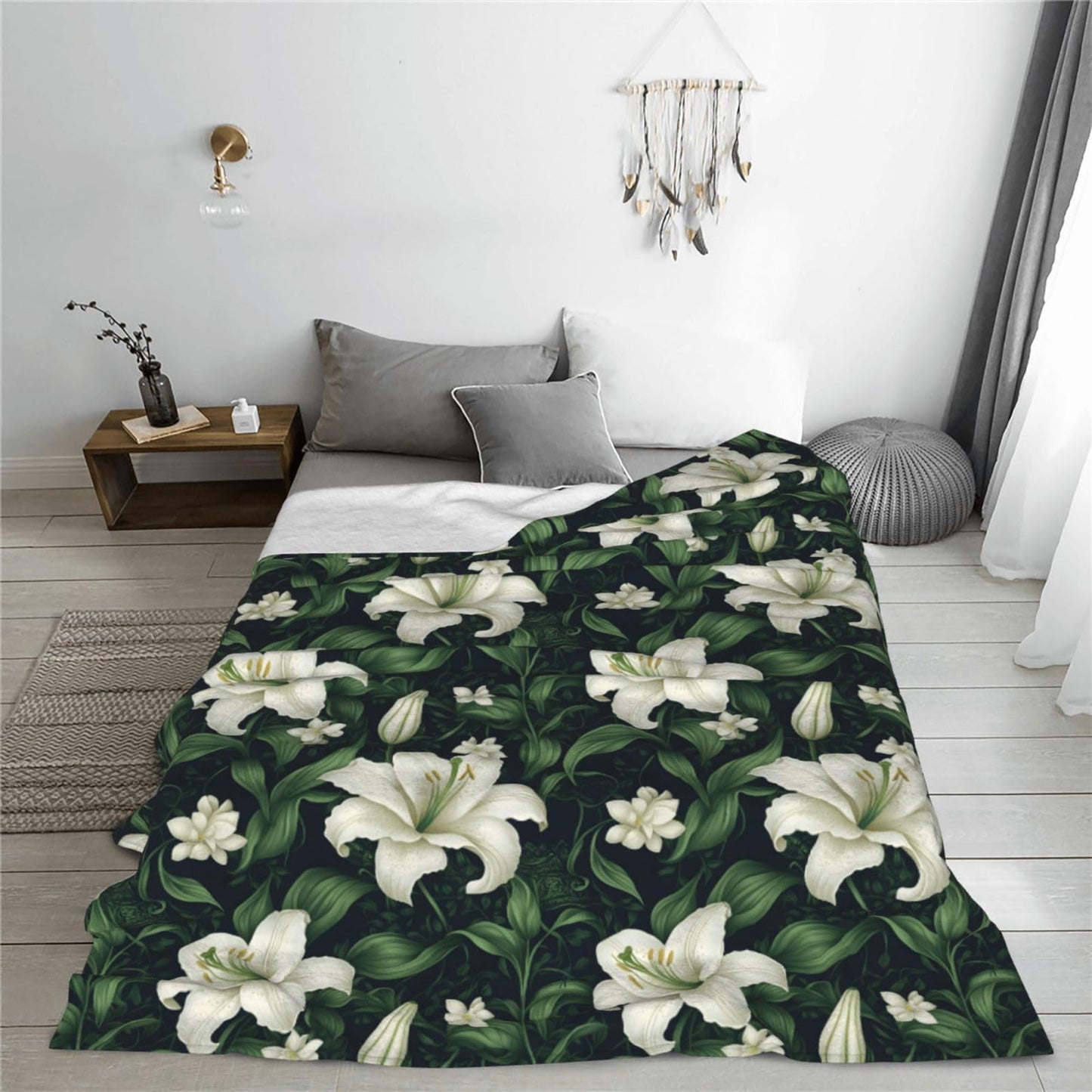 White Lily Leaves Print Throw Blanket for Couch Sofa Bed, Super Soft Lightweight Cozy Fuzzy Warm Flannel Plush Throw Blanket 80"x60" - All Season Use