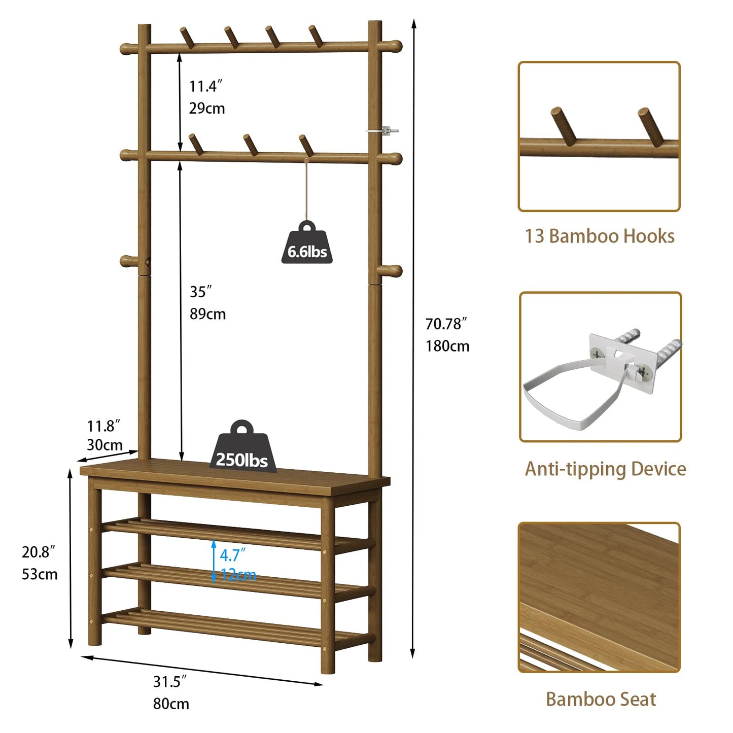 Welfuturer Bamboo Hall Tree with 13 Hook, 6-in-1 Entryway Bench with Coat Rack Freestanding, Coat Rack with Shoe Storage Bench Organizer for Mudroom, Bedroom, All-in-One Shoe Rack,Walnut