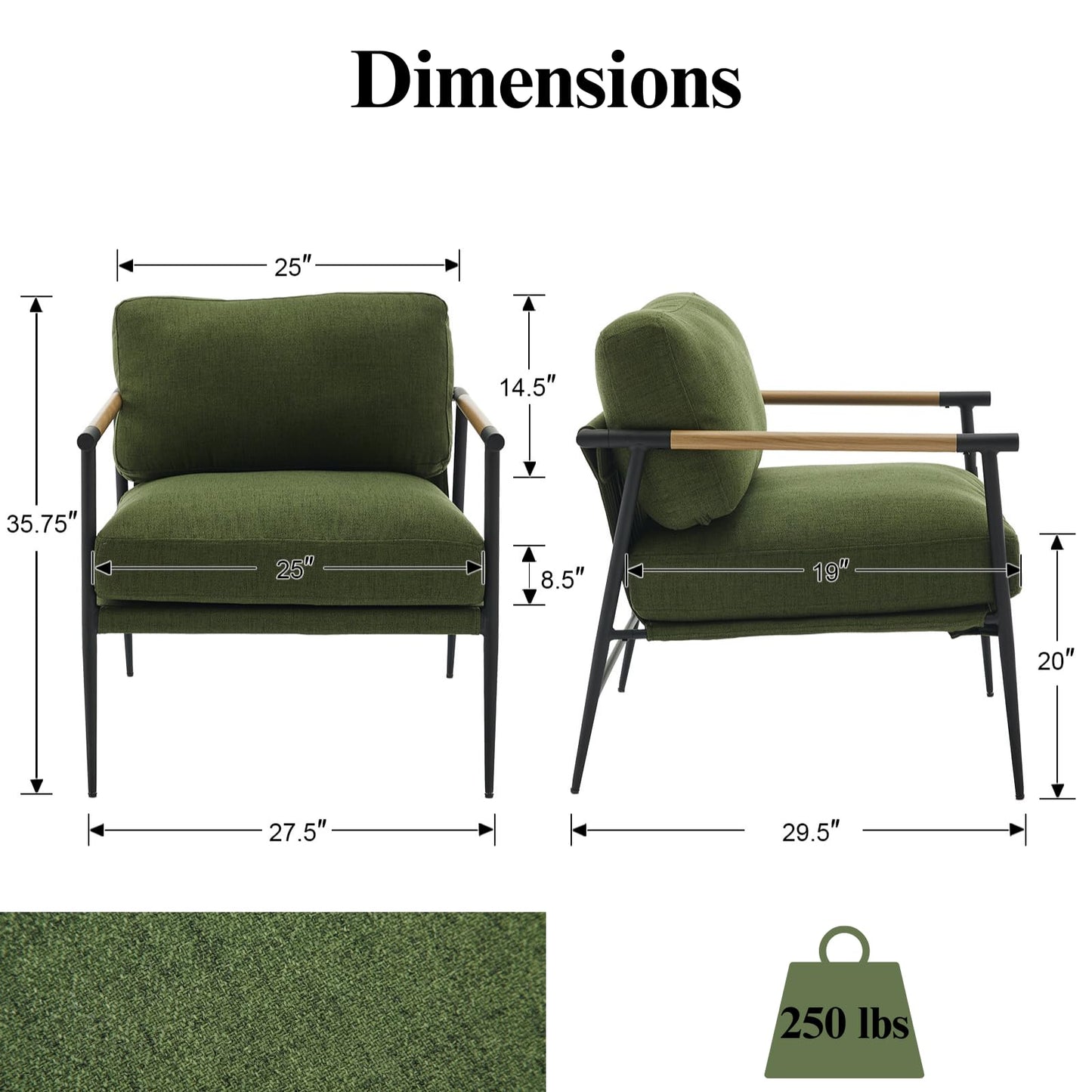 Ya-Home Mid-Century Accent Chair, Soft Armchair Linen Fabric Lounge Chair with Black Metal Legs, Upholstered Leisure Chair for Living Room Reception Room, 1PC, Green