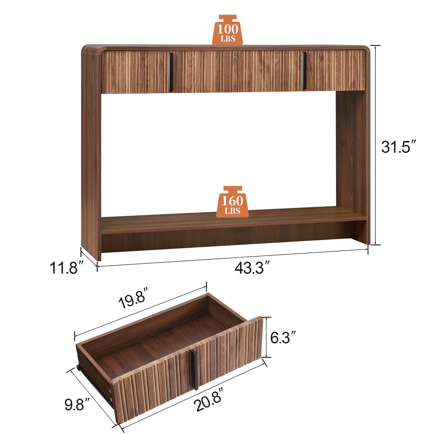 43.3" Narrow Console Table with 2 Drawer,Brown Fluted Entryway Table with Storage,Slim Long Sofa Table for Living Room,Hallway Entrance Foyer
