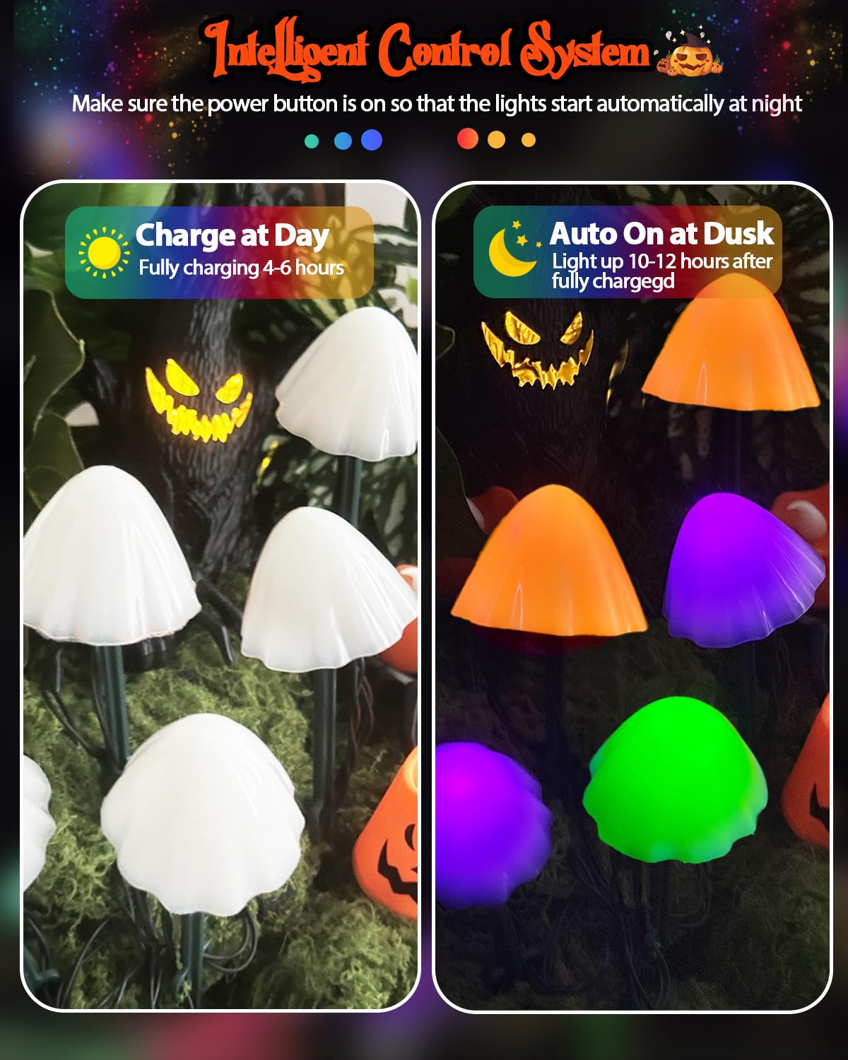 OZS 2PK 32LED 55FT Halloween Lights Mushroom Solar Lights, Halloween Decorations Outdoor with 8 Lighting Modes, Solar String Lights Waterproof for Outside Yard Party, Orange Purple & Green