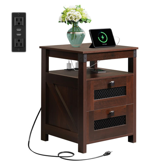 WLIVE Side Table with Charging Station, Farmhouse End Table, Bed Side Table with 2 Mesh Drawers Storage & Open Shelf, Rustic Wooden Cabinet Night Stand for Bedroom, Living Room, Espresso