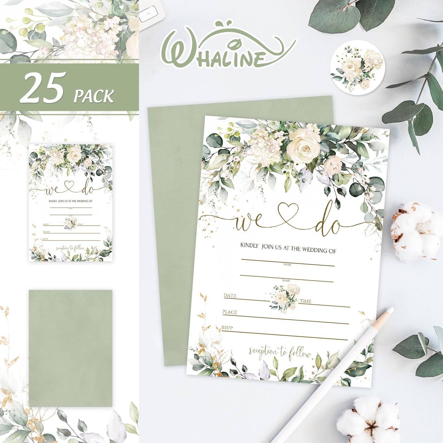 Whaline 25 Sets Greenery Floral Wedding Invitation with Envelopes Stickers Eucalyptus Leaves Blank Invites Cards for Bridal Shower, 5 x 7 Inch