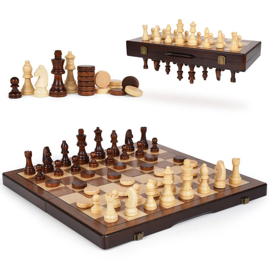 2 in 1 Magnetic Chess Set and Checkers Board Game Set 15" Wooden Folding Chess Board with 2 Extra Queens Travel Chess Sets Family Board Game Gift for Kids, Adults Portable Elegant Classic Chess Game