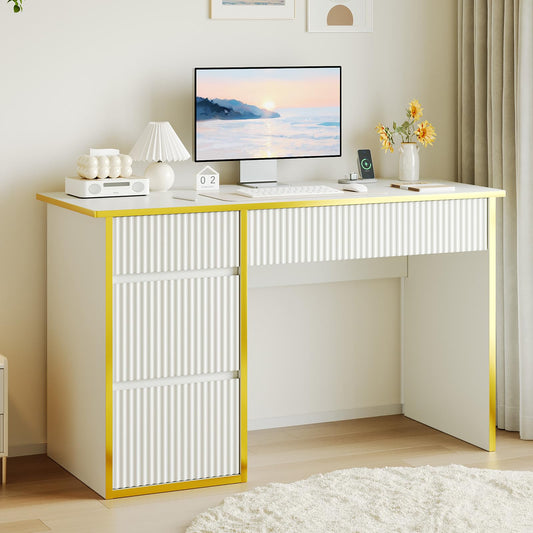 4 EVER WINNER White Desk with Drawers, 47 Inch Computer Desk with 4 Drawers & Hidden Handle, Home Office Desks with Storage Vanity Writing Table for Study, White and Gold Desk