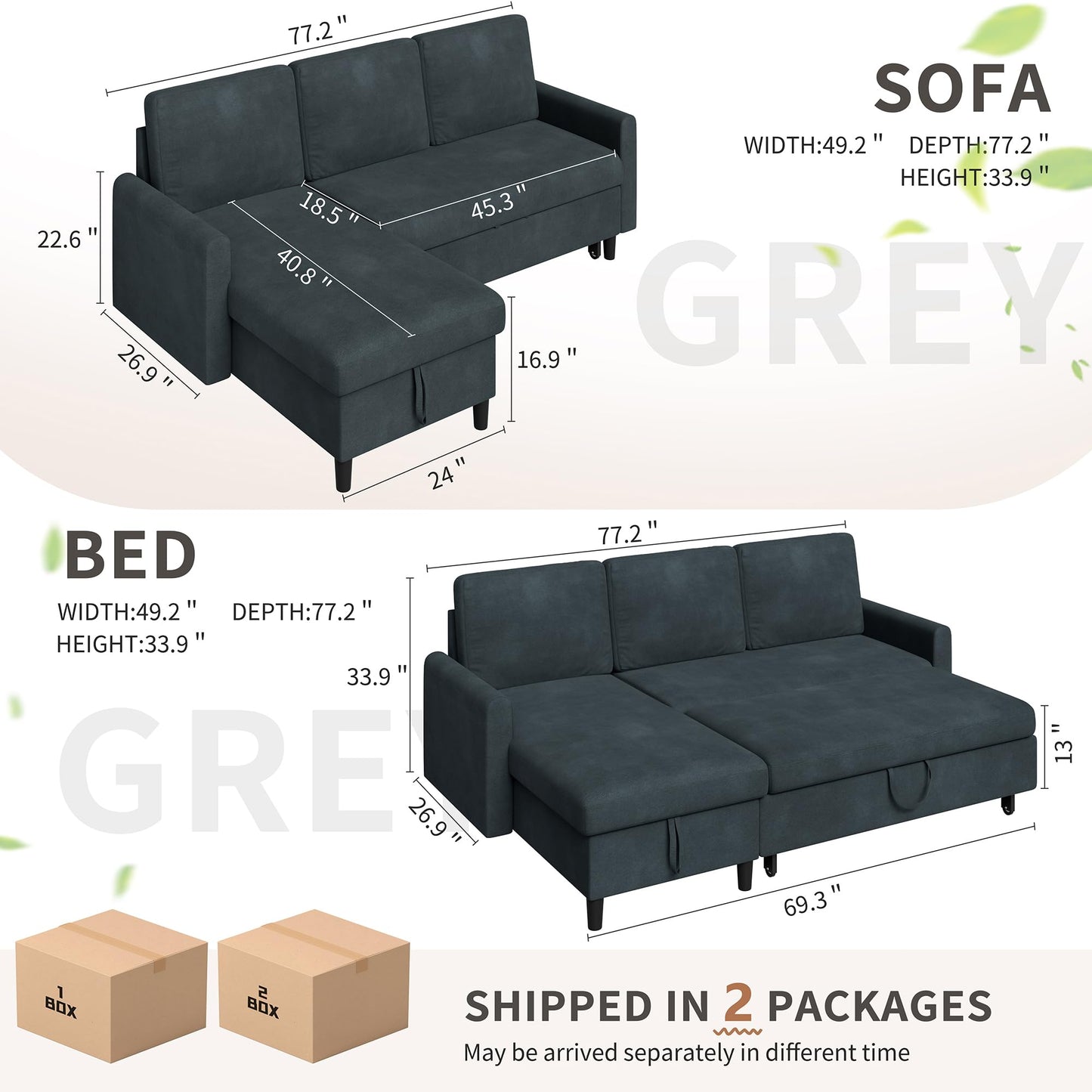 Walsunny Sectional Sofa Couch Bed L Shaped Sleeper Sofa Bed Pull Out Bed with Storage, Reversible Sectional Couches for Living Room, Apartment, Office(Dark Gray)