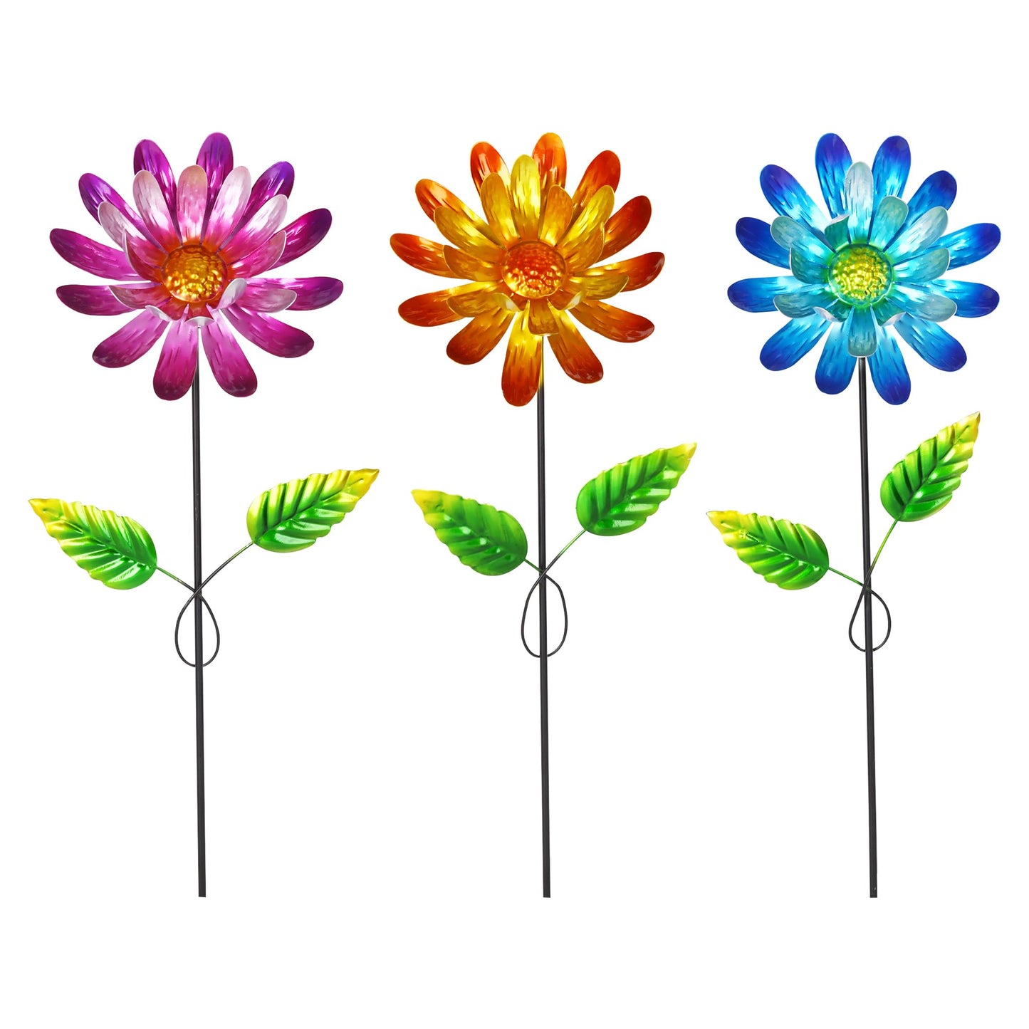 Voltogar Metal Flower Garden Stake for Outside, 3 Pcs 16" H Outdoor Garden Stakes Decor, Yard Outdoor Ornaments for Patio, Lawn, Patio(Yellow & Purple & Blue)