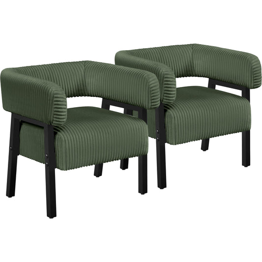 Yaheetech Corduroy Barrel Accent Chair Set of 2, Modern Upholstered Armchair with Solid Wood Legs, Cozy Leisure Chair with Pocket Coiled Seat for Living Room, Bedroom, Reading Nook Dark Green