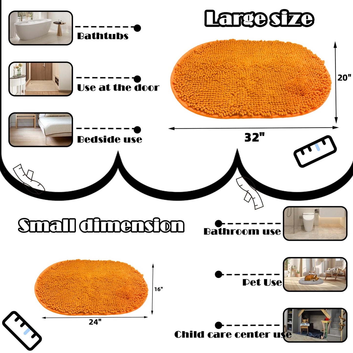 XYSaiXuan Oval Chenille Bathroom Rug, Ultra Soft Microfiber Shaggy Bath Mat, Machine Washable Thick Fluffy Carpet Rug, Non-Slip Water Absorbent Shower Mat for Bathroom, Shower (Orange,16''×24'')